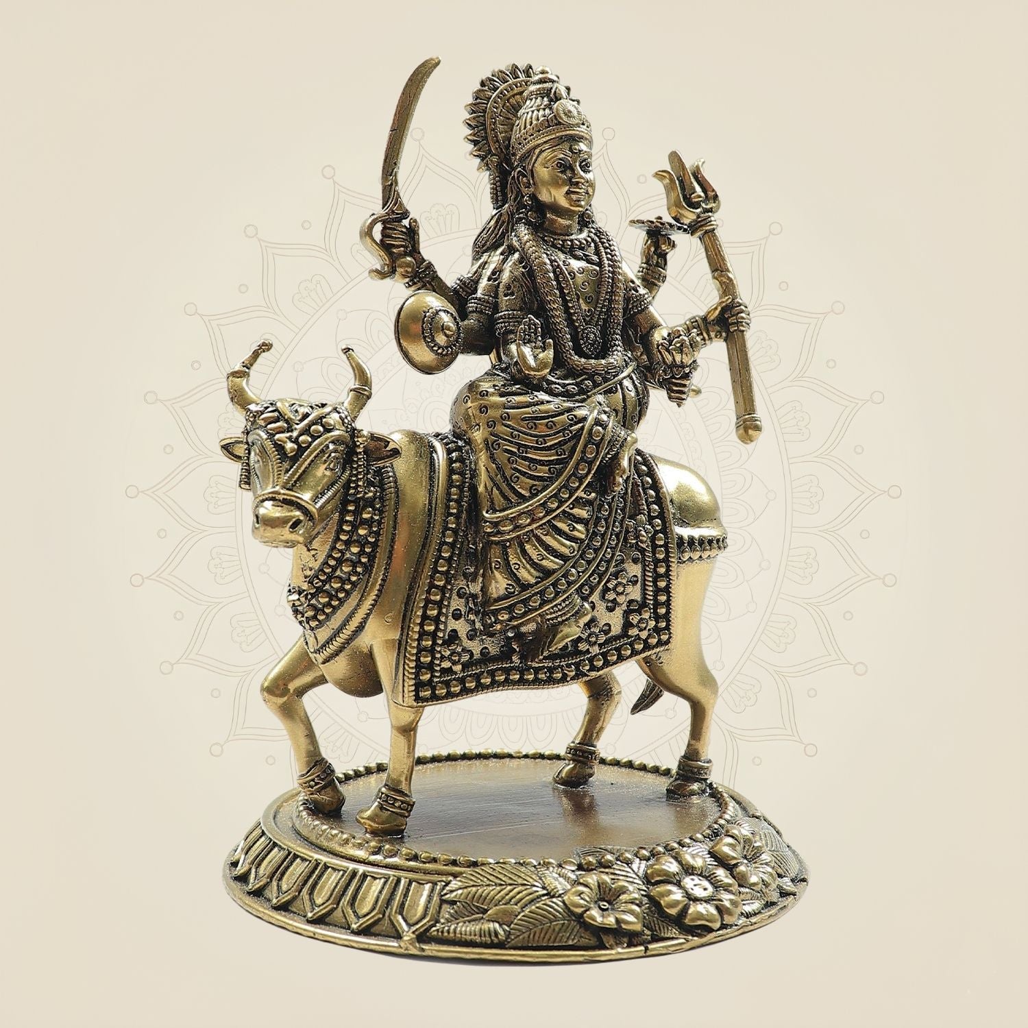 Pure Brass Umiya Mata Idol 6"– Sacred Goddess Murti Seated Gracefully on Cow