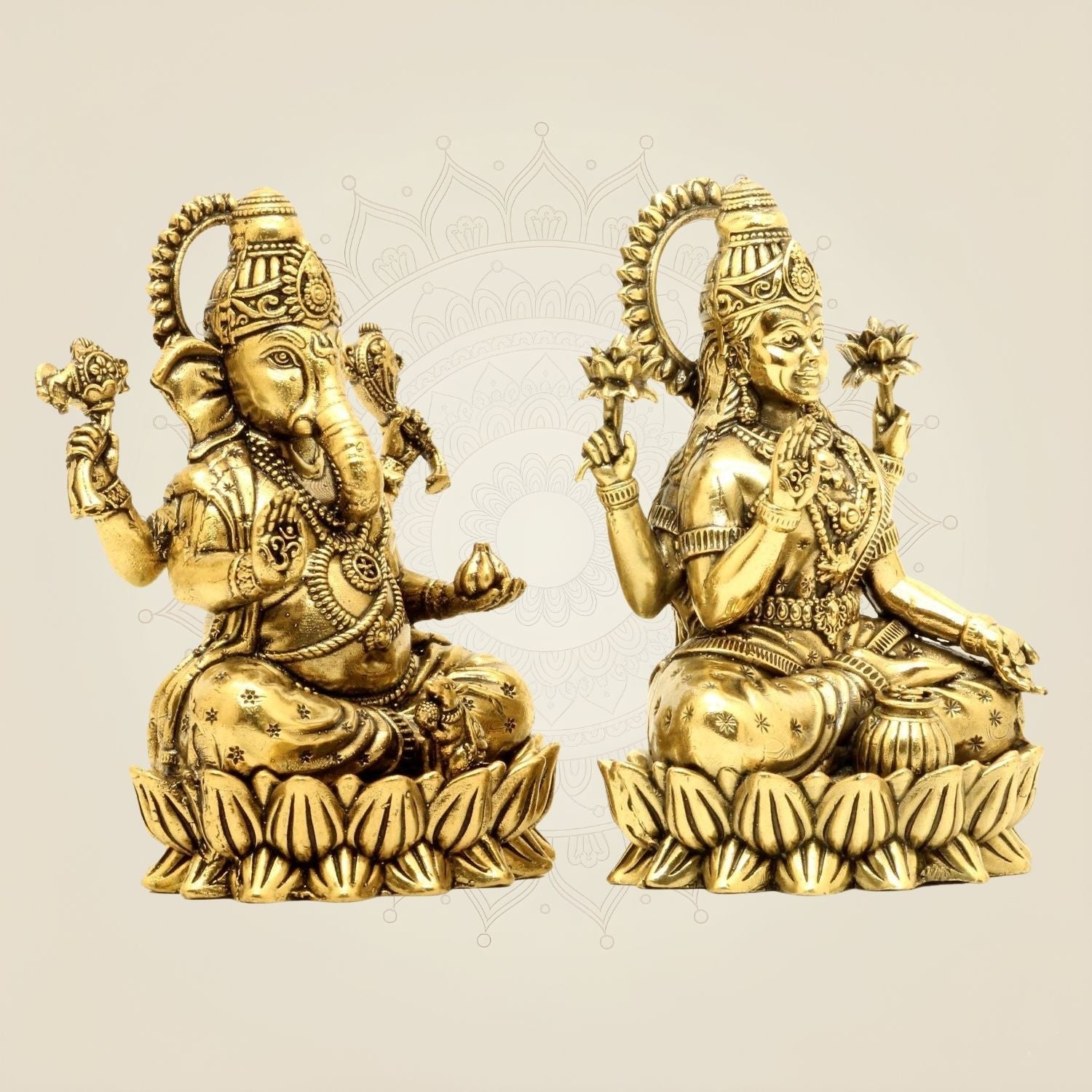 Brass Lakshmi Ganesha on Lotus – 4" Pair • Wealth & Wisdom Idols Set