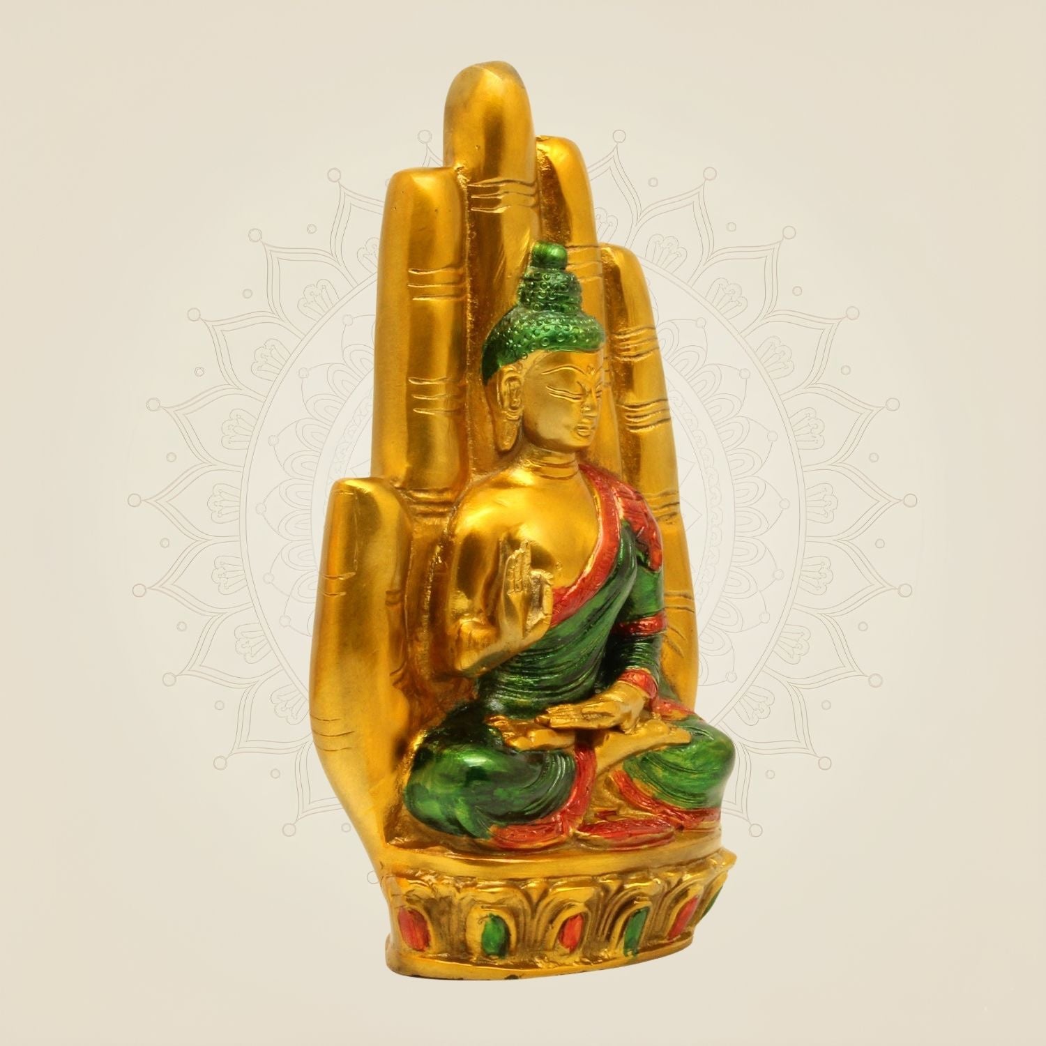 9" Tibetan Brass Buddha Idol in Hand– Hand-Painted Vastu Showpiece for Peace