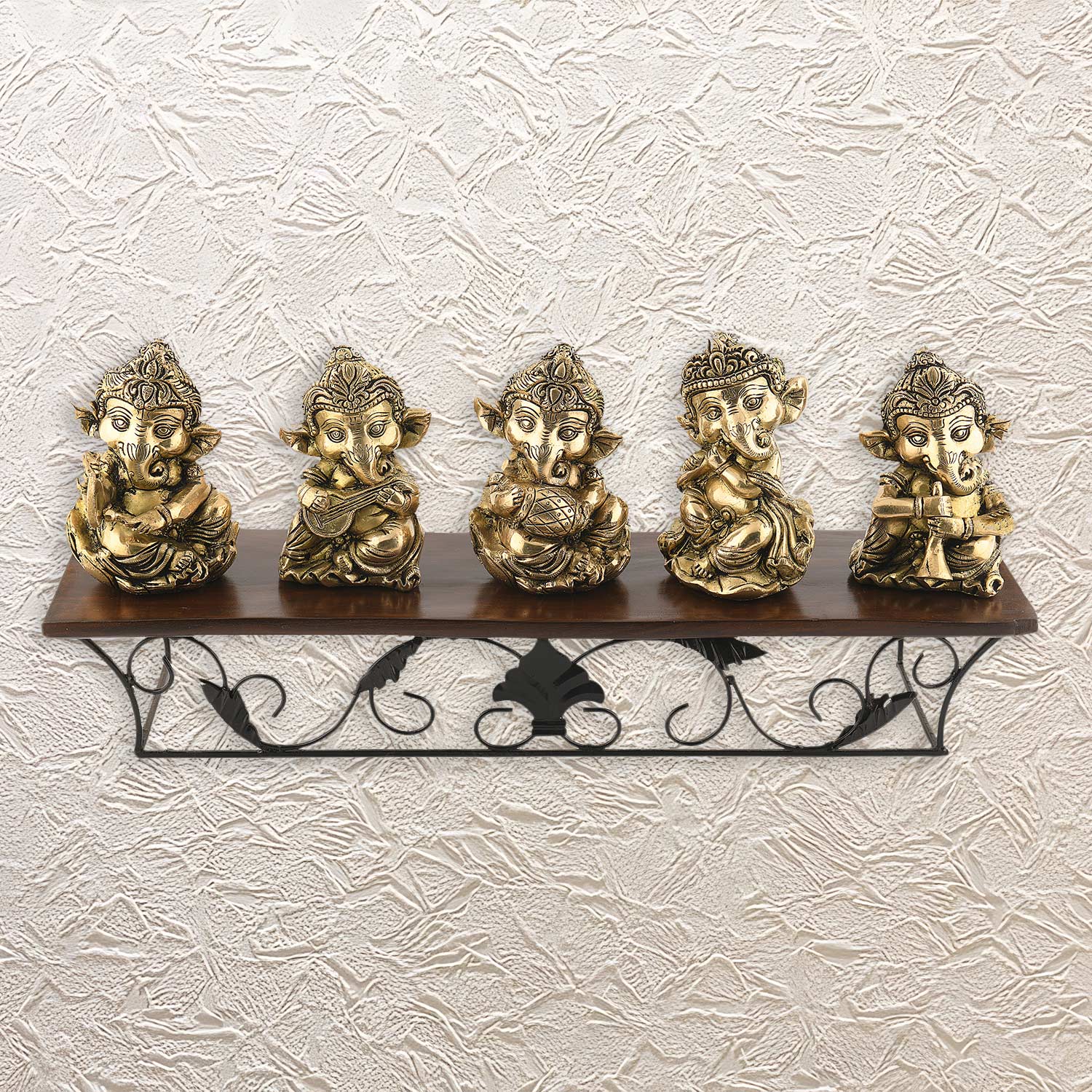 5 Musical Ganesha Idols on Designer Wall Shelf 19" • Artistic Home Display Set