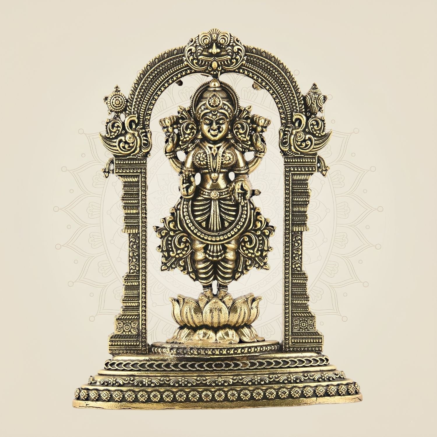 Brass Lakshmi Devi Idol on Lotus – Traditional Arch Design 4.5"