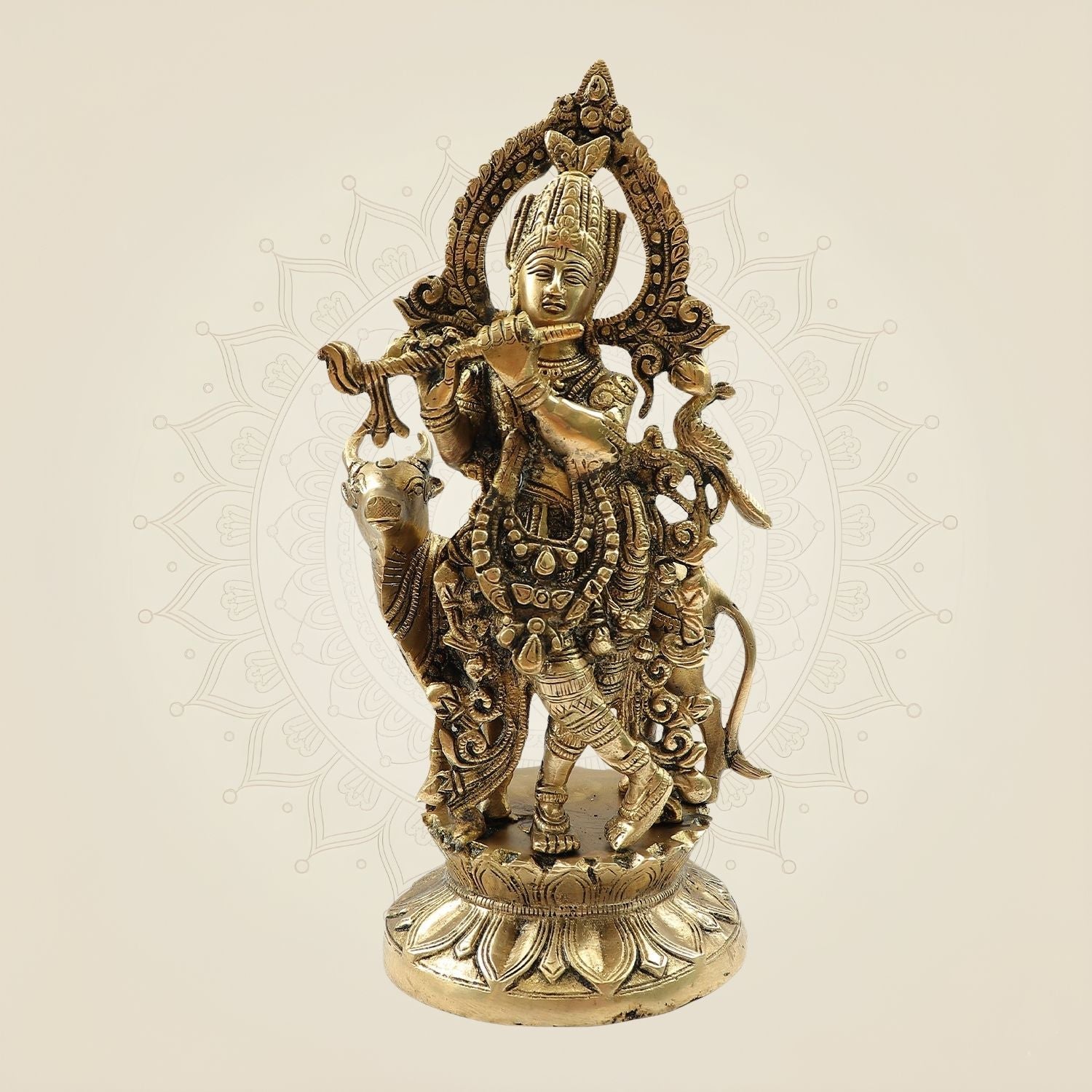 Lord Krishna Brass Idol – Murari Krishna with Cow Handcrafted Murti 12"