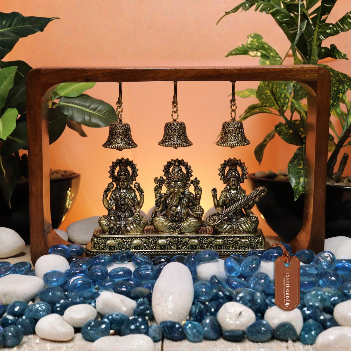 8.25" Brass Lakshmi Ganesha Saraswati Idol Set in Wooden Frame with Hanging Bells