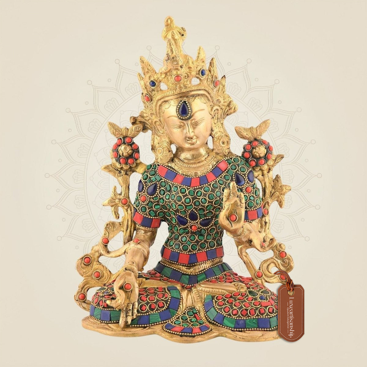 10.25" Brass Goddess Tara Mata Idol – Tibetan Decor | Antique Gemstone Multicolor Stone Work