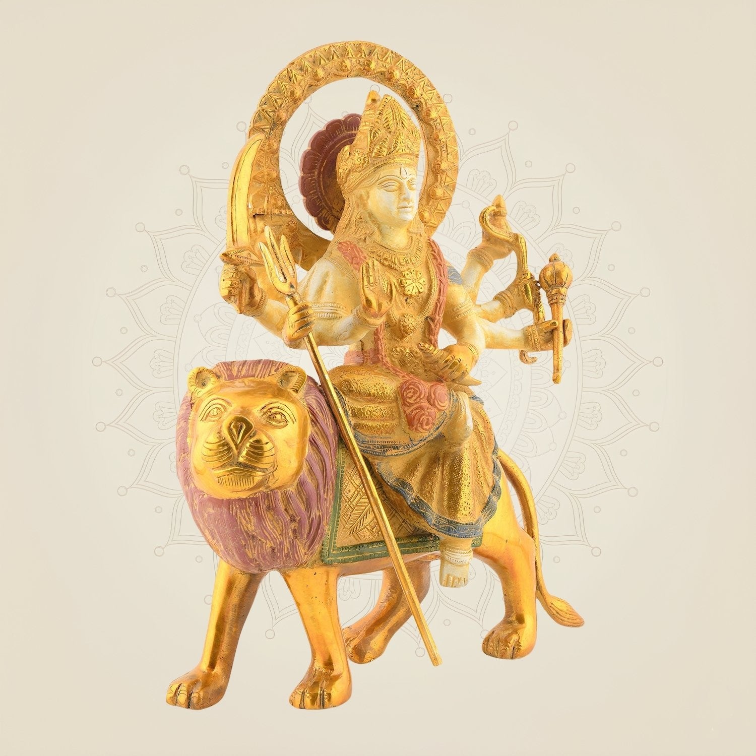 Maa Durga on Lion – 12" Brass Idol | Multicolor Mud Finish Showpiece