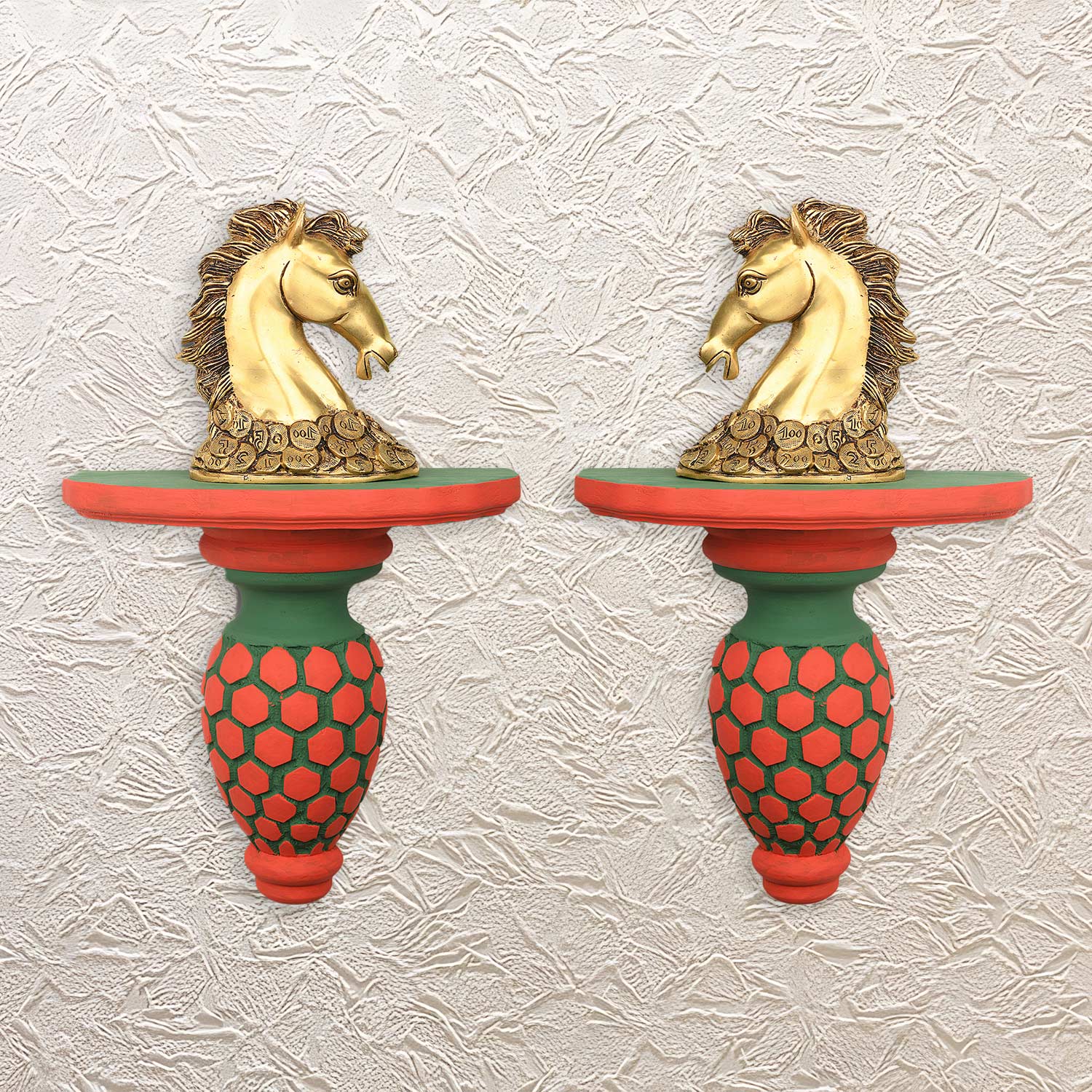 Elegant Horse Head Wood Wall Shelf Set 11"- Unique Decorative Accent for Your Home