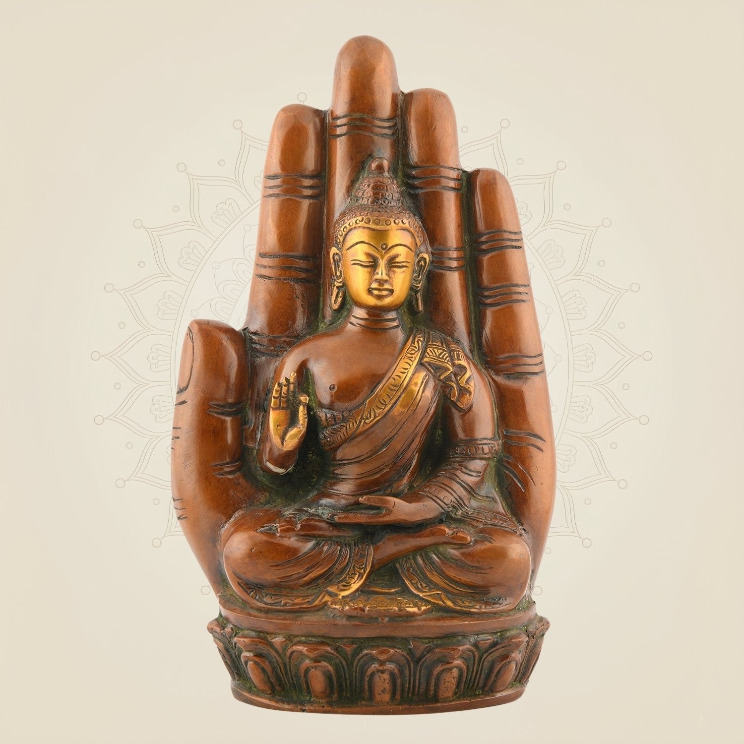Meditating Buddha on Palm – Brass Idol in Butter Polish for Peace & Decor 9.25"