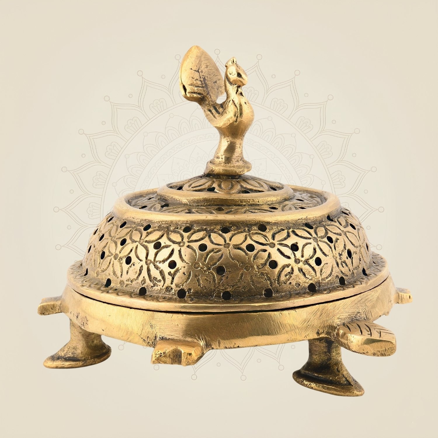 Peacock Brass Dhoop Dani with Tortoise Base | Spiritual Incense Burner Holder 4.25"