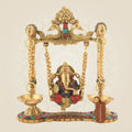 Brass Jhula Ganesha Idol – Multicolor Gemstone Work | Handmade Murti 8.75"