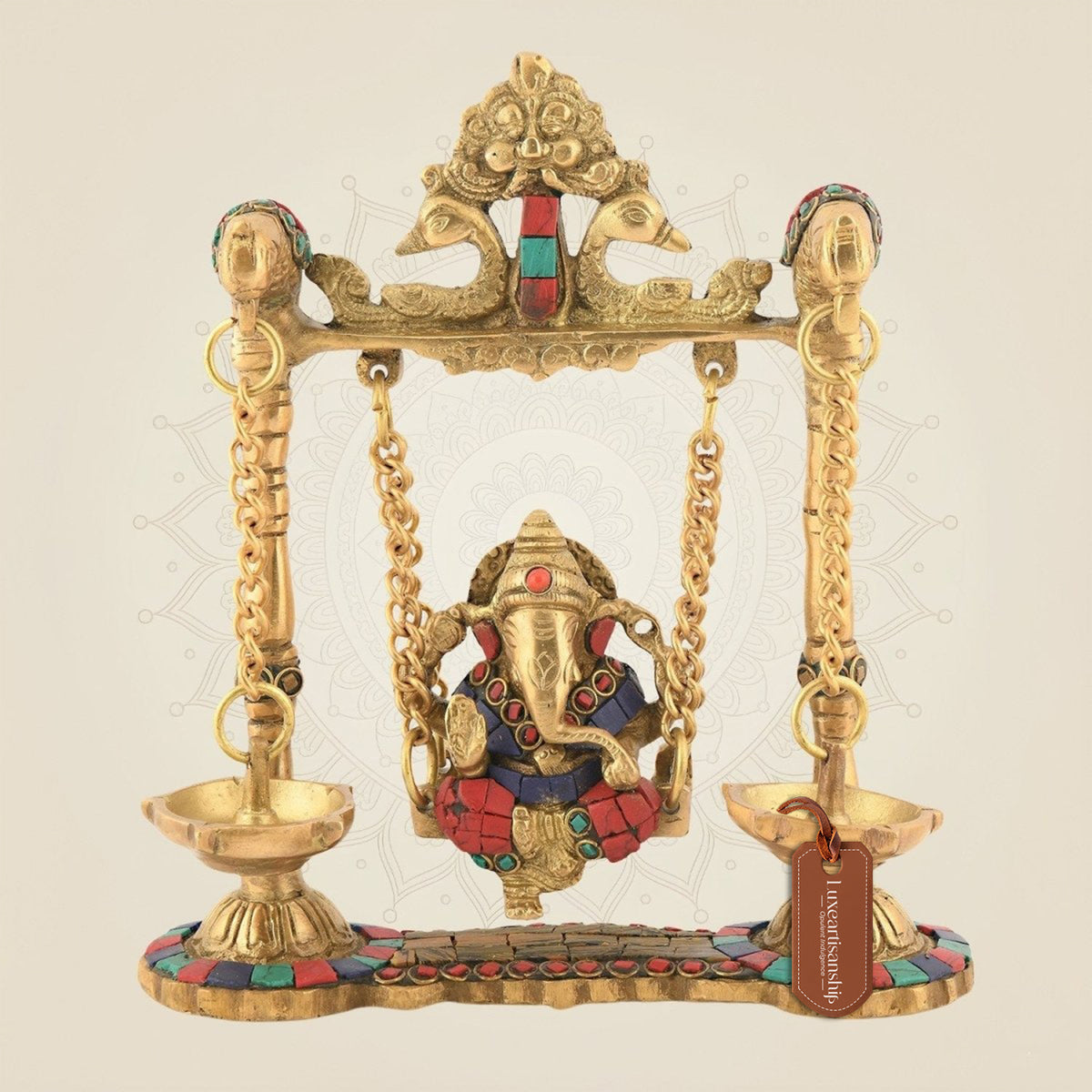 Brass Jhula Ganesha Idol – Multicolor Gemstone Work | Handmade Murti 8.75"