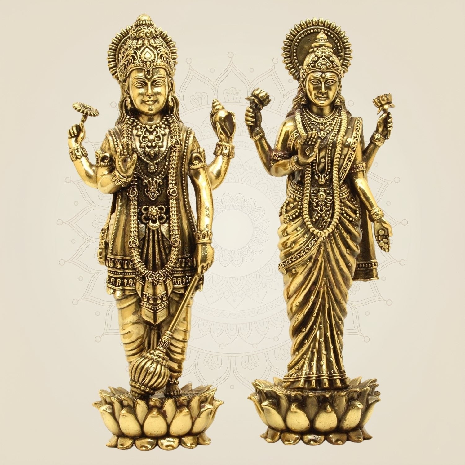 10″ Brass Vishnu Lakshmi Idol – Divine Standing Lakshmi Narayan Murti Decor