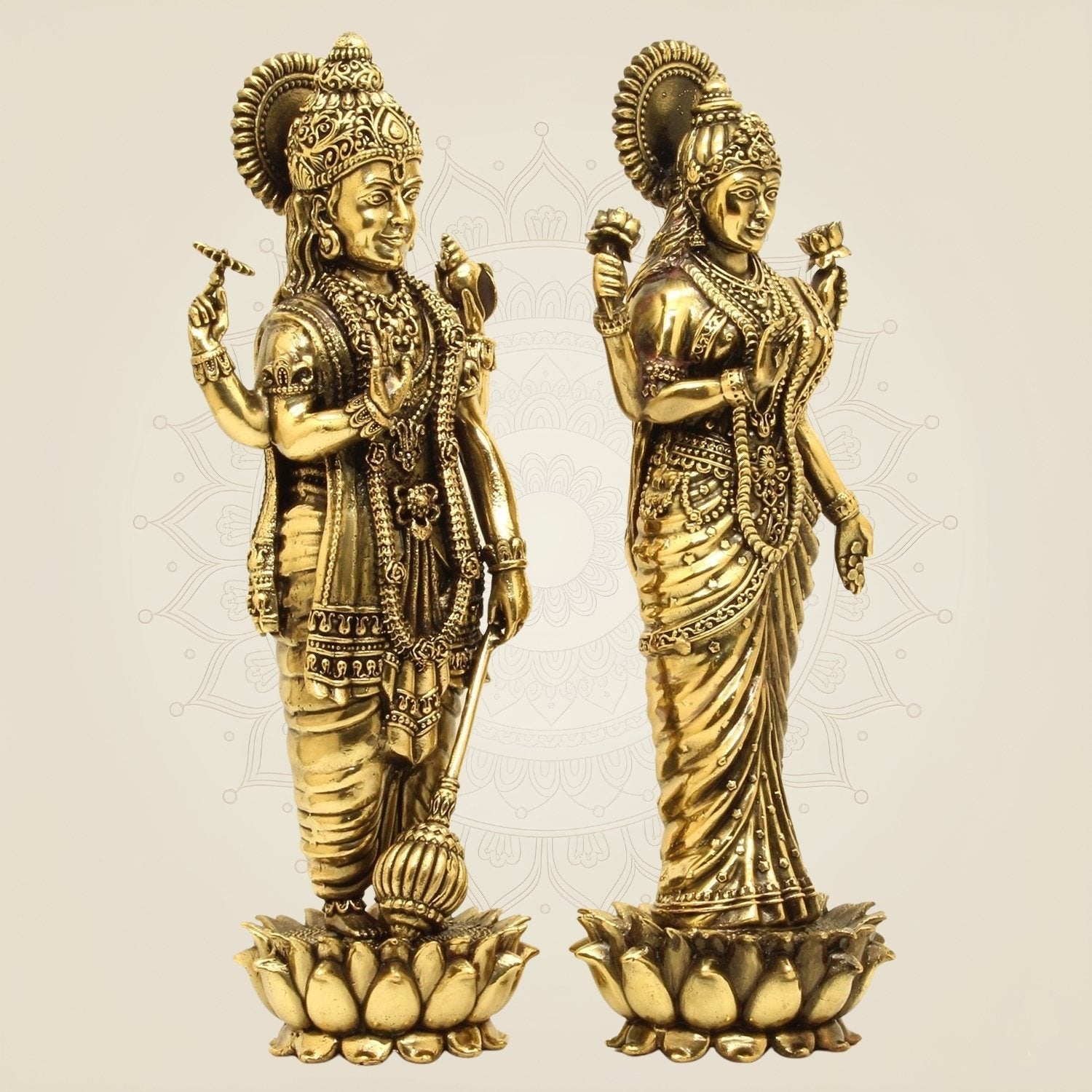 10″ Brass Vishnu Lakshmi Idol – Divine Standing Lakshmi Narayan Murti Decor