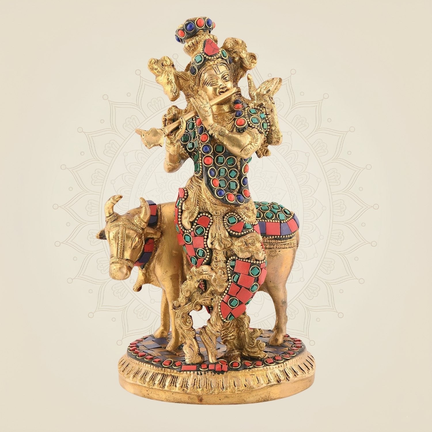 Brass Krishna with Cow Idol - Multicolor Gemstone Work - Handcrafted Murti 10"