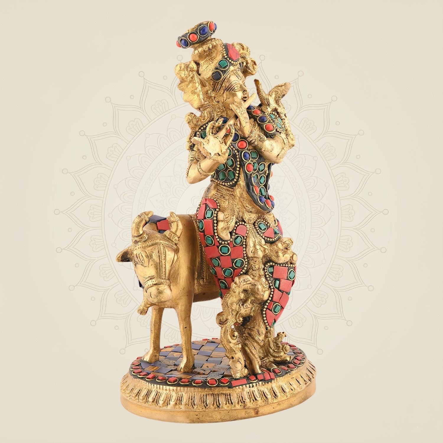 Brass Krishna with Cow Idol - Multicolor Gemstone Work - Handcrafted Murti 10"