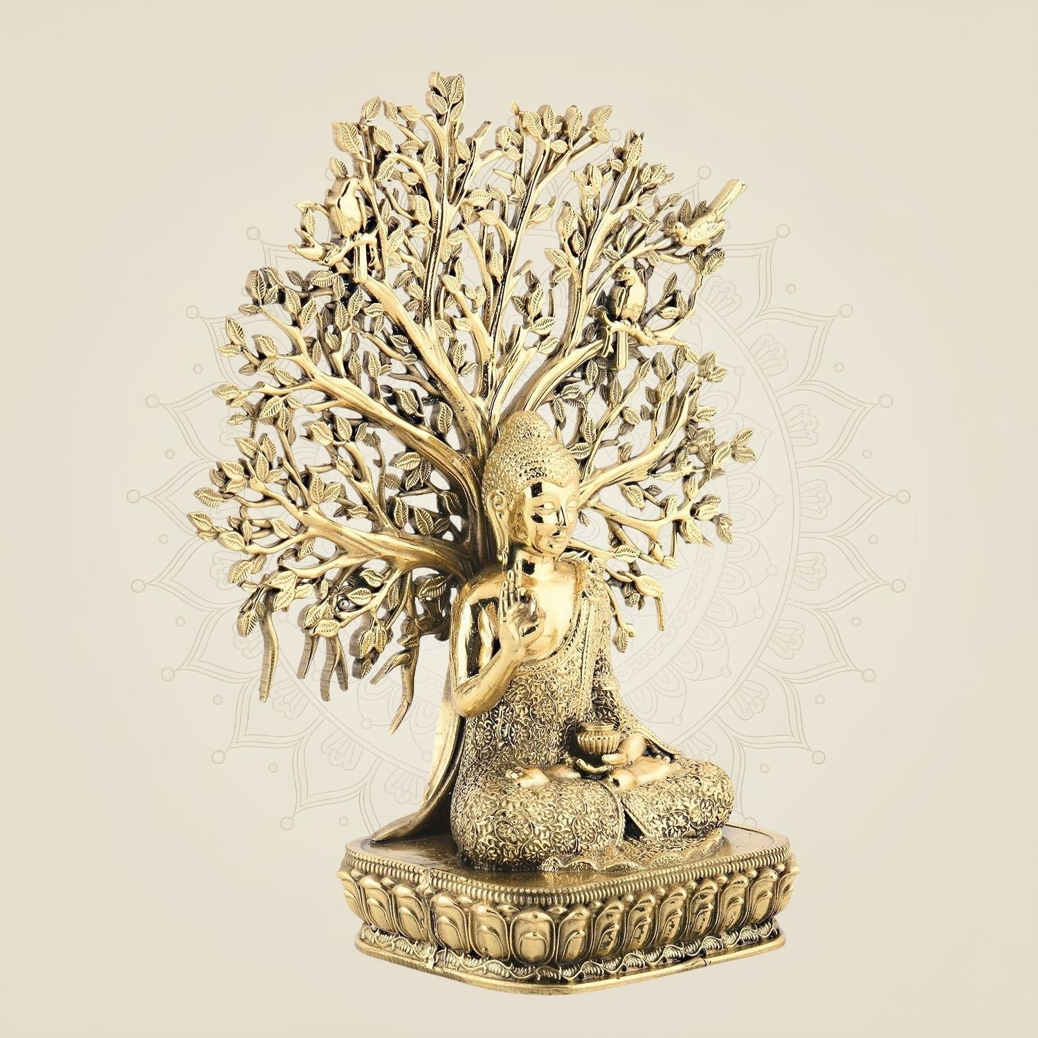 6.5" Brass Buddha Under Bodhi Tree – Enlightenment Idol on Lotus Base