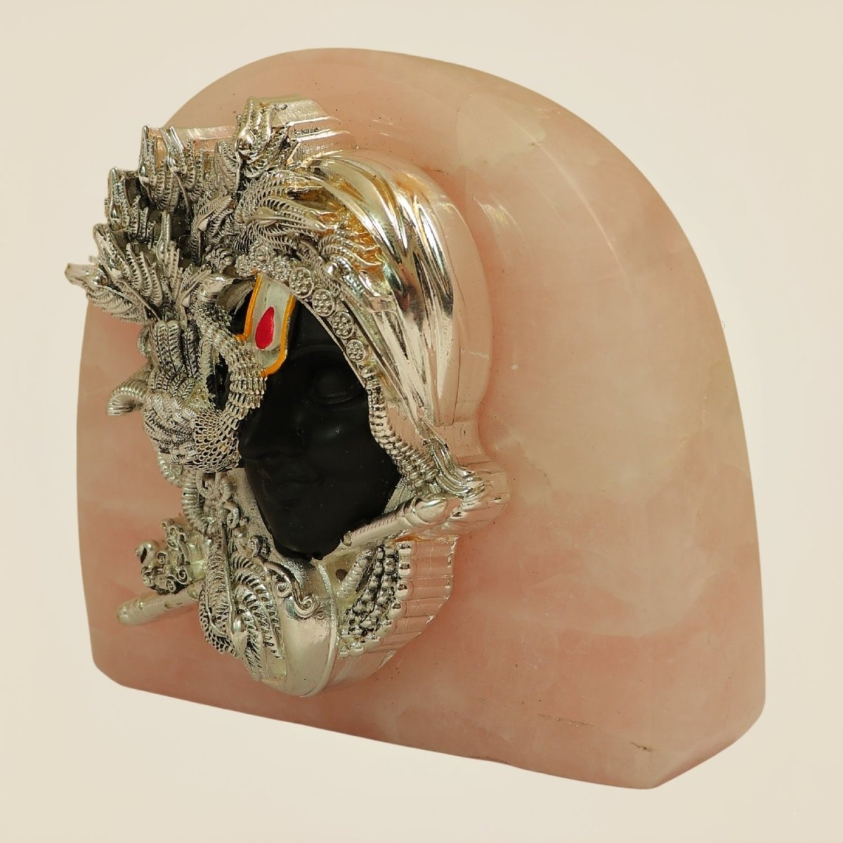 999 Pure Silver Plated Lord Krishna Idol with Flute on Pink Stone base - Luxeartisanship