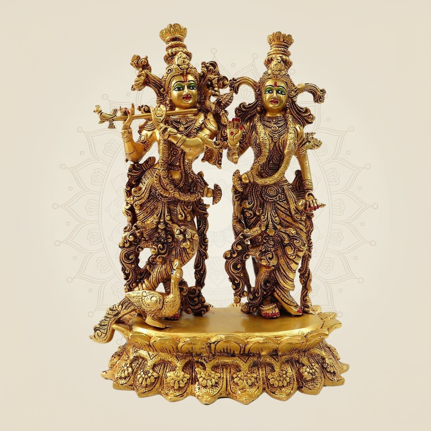 South Indian Style Radha Krishna Brass Idol with Peacock – Divine Décor Statue 13.5"