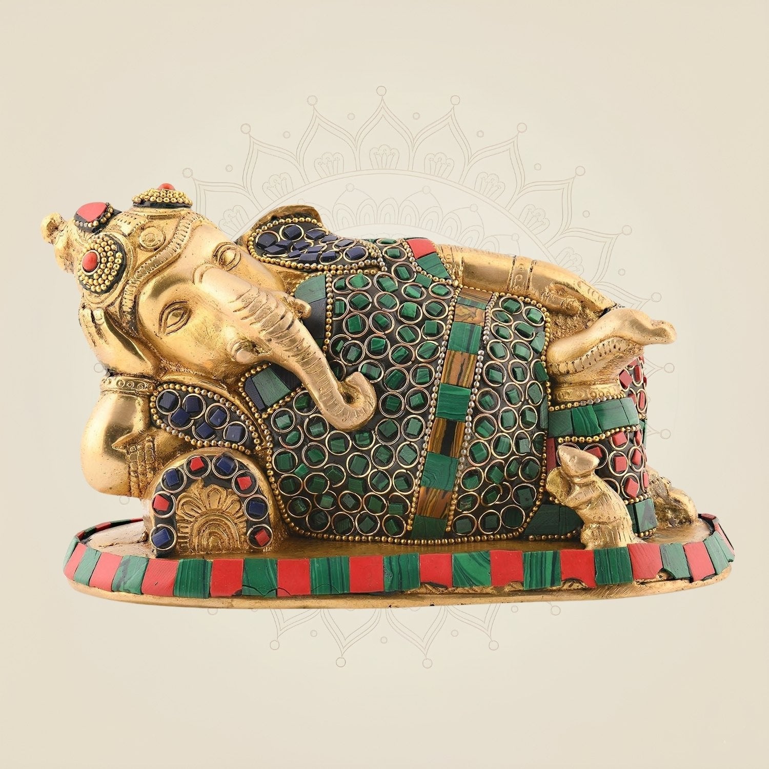 Relaxing Ganesha Brass Idol 4.5″ – Multicolor Stone Work Handcrafted Murti