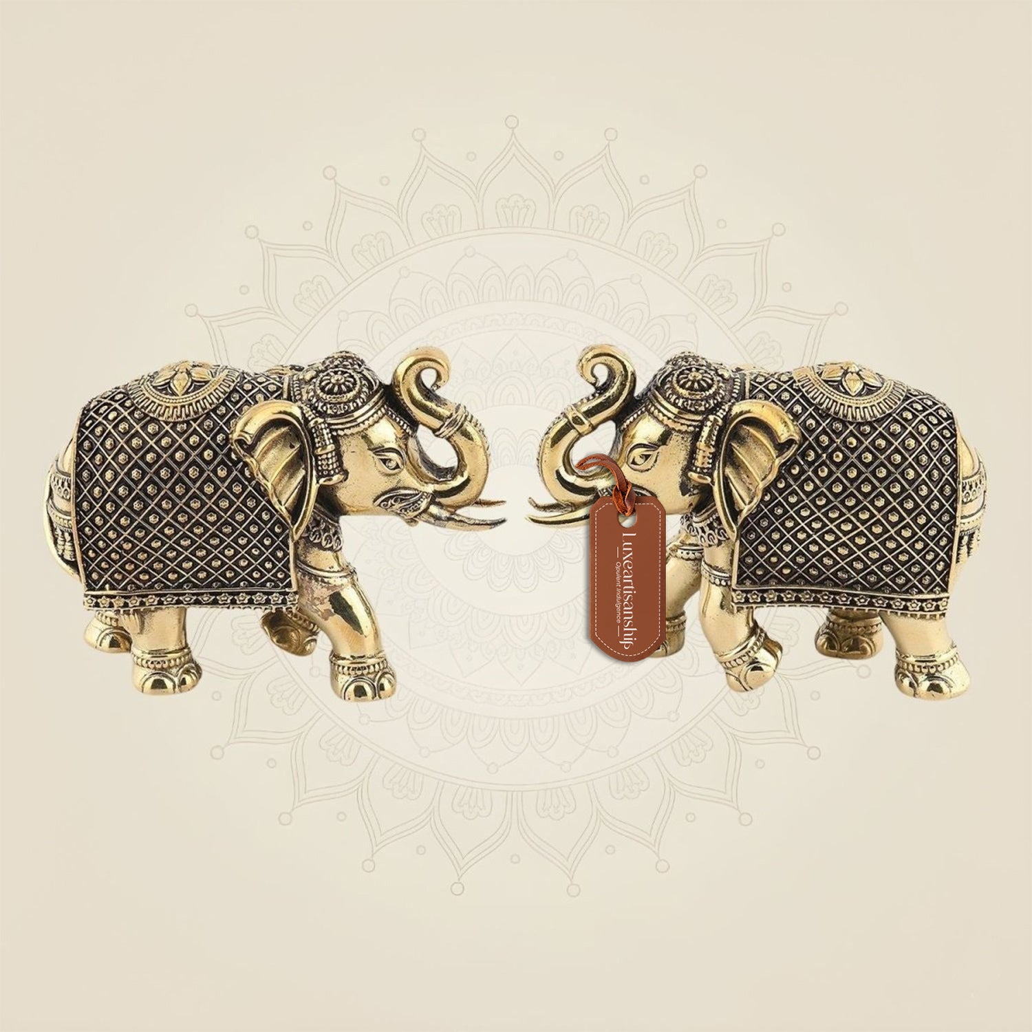Intricately Carved Elephant Pair – 3" Lightweight Pure Brass Handicraft