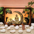 Brass Meditating Buddha Idol on Crescent Moon in Wooden Frame 8.25"with Bells