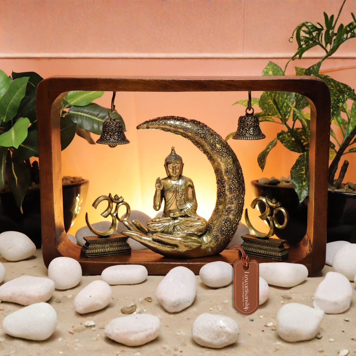 Brass Meditating Buddha Idol on Crescent Moon in Wooden Frame 8.25"with Bells