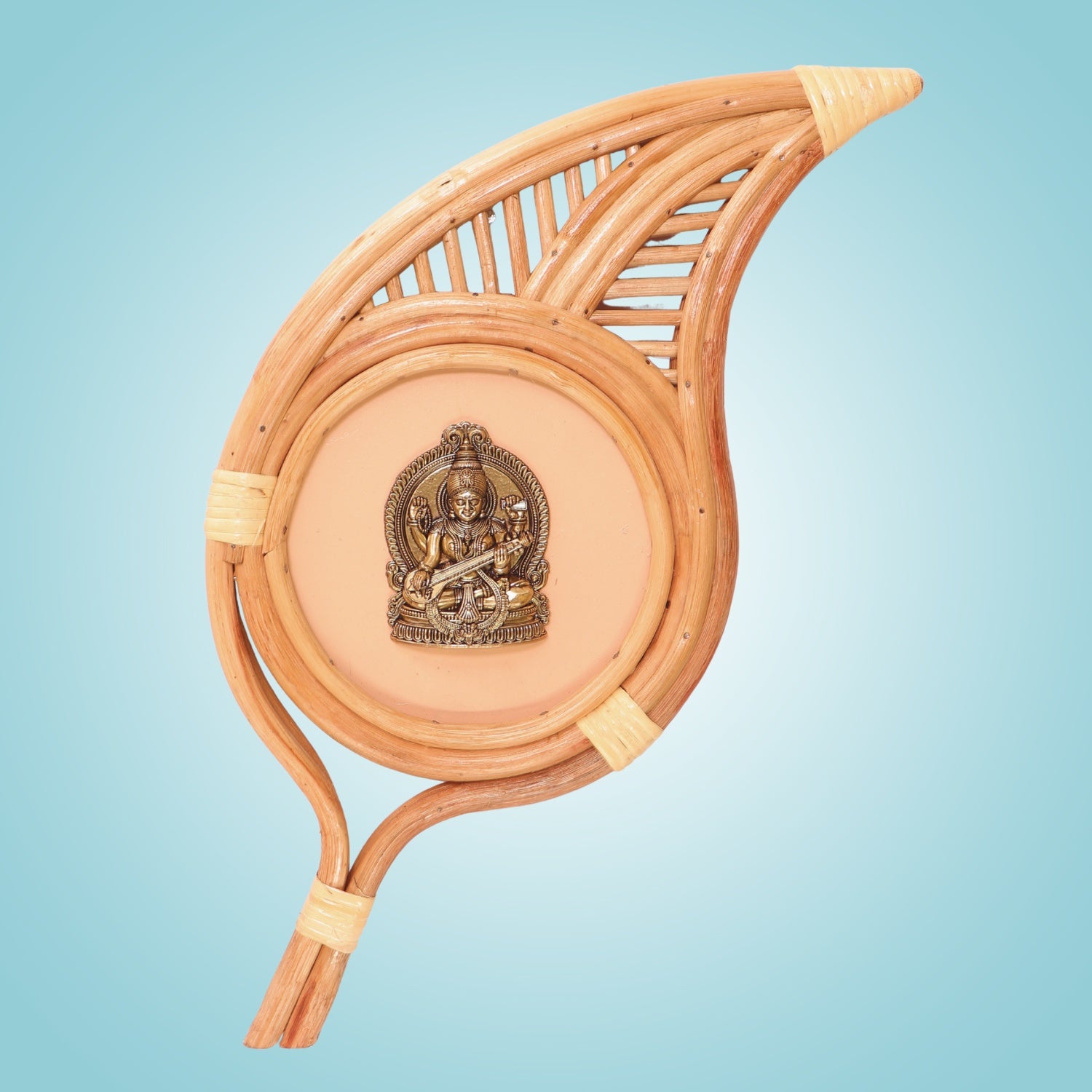Saraswati Brass Wall Hanging Idol - Handcrafted Leaf Bamboo Frame Design - 21.5"