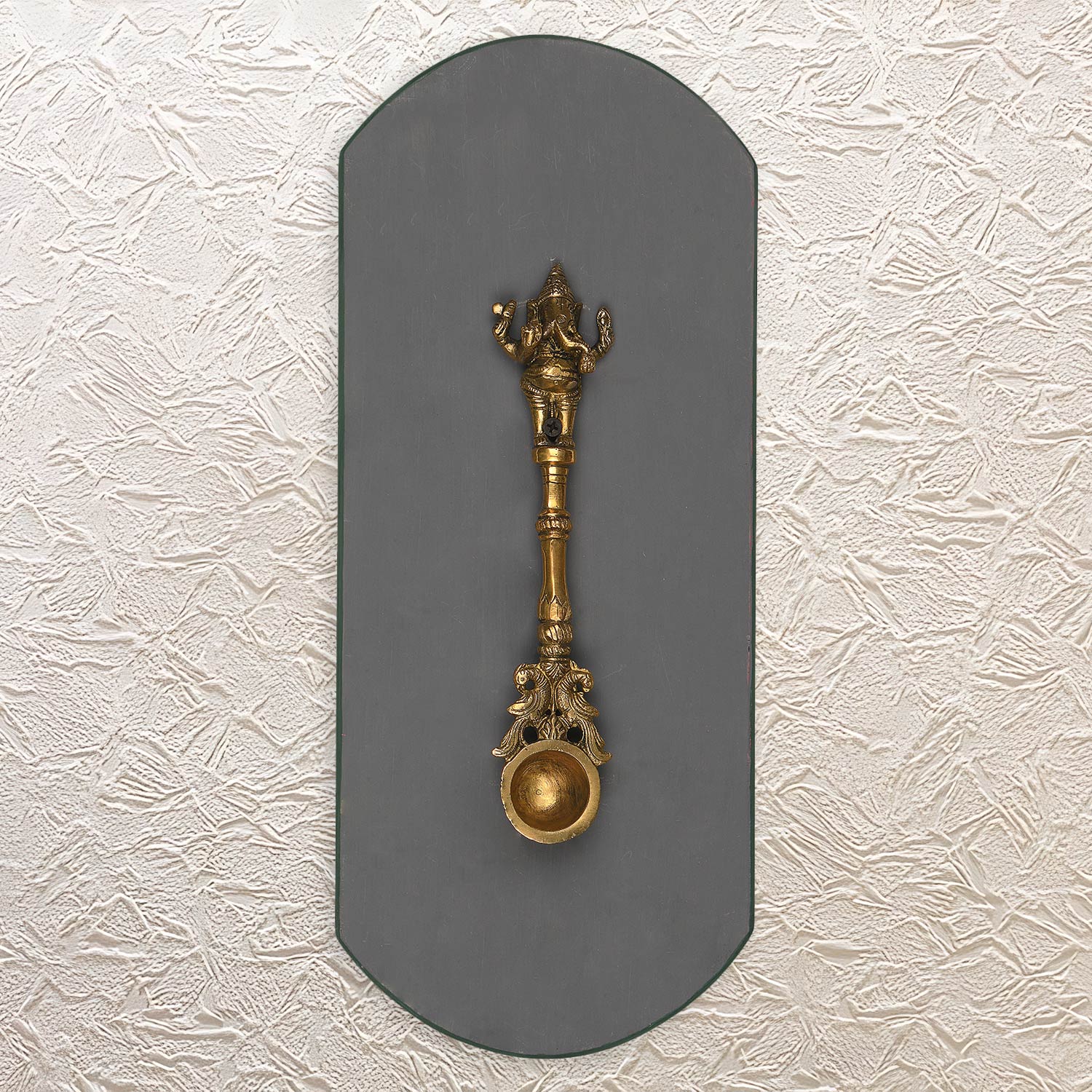 Brass Ganesh Ghee Spoon Wall Art 17"– Decorative Wall Frame for Ritual or Display
