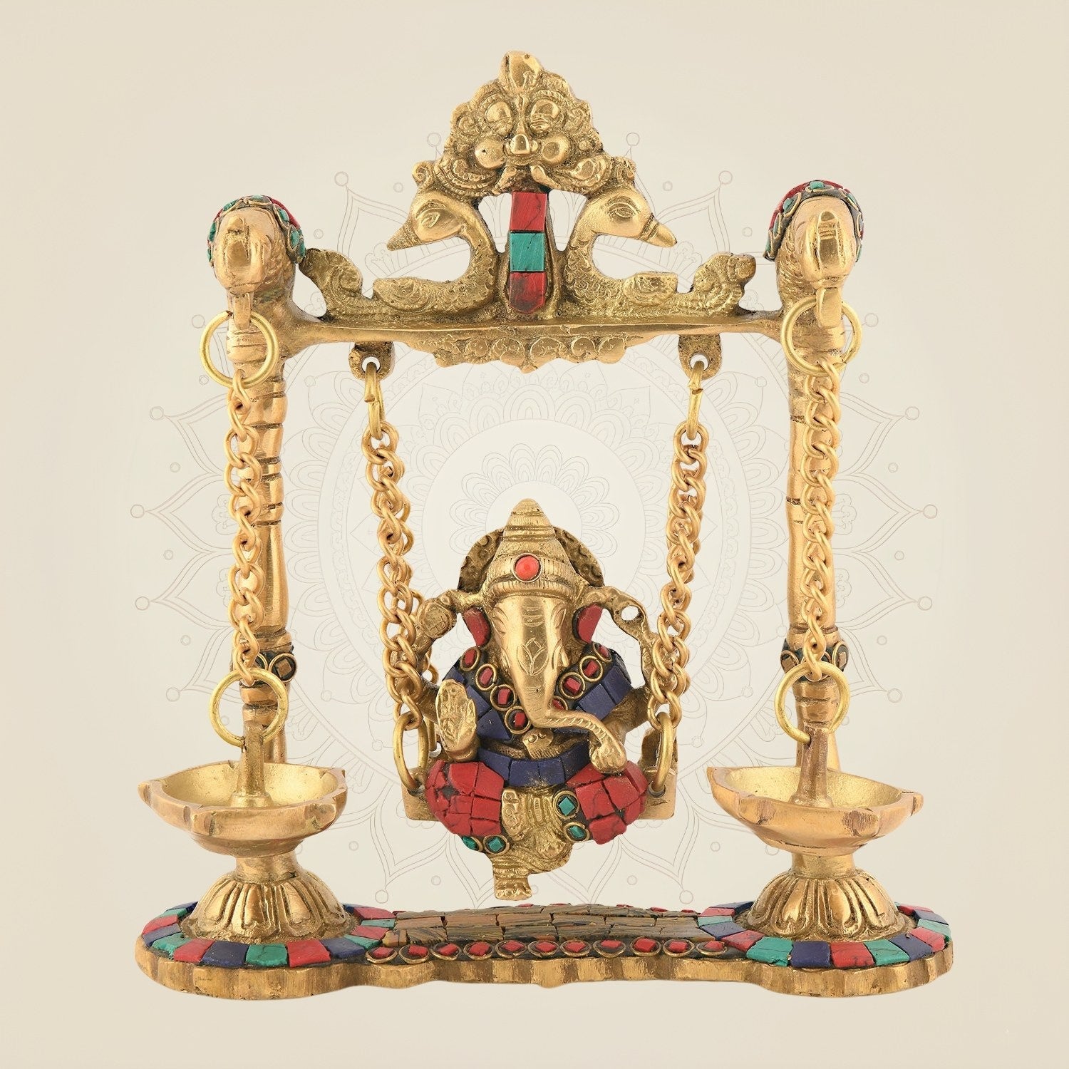 Brass Jhula Ganesha Idol – Multicolor Gemstone Work | Handmade Murti 8.75"