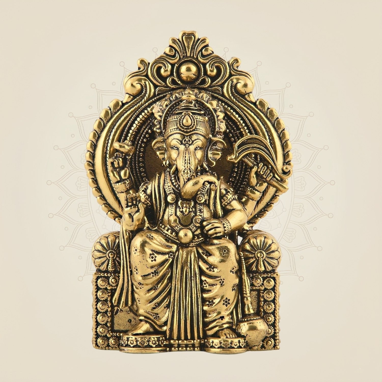 Chaturbhuj Ganesha Seated on Singhasan - 4" Brass Statue for Vastu & Spiritual Decor