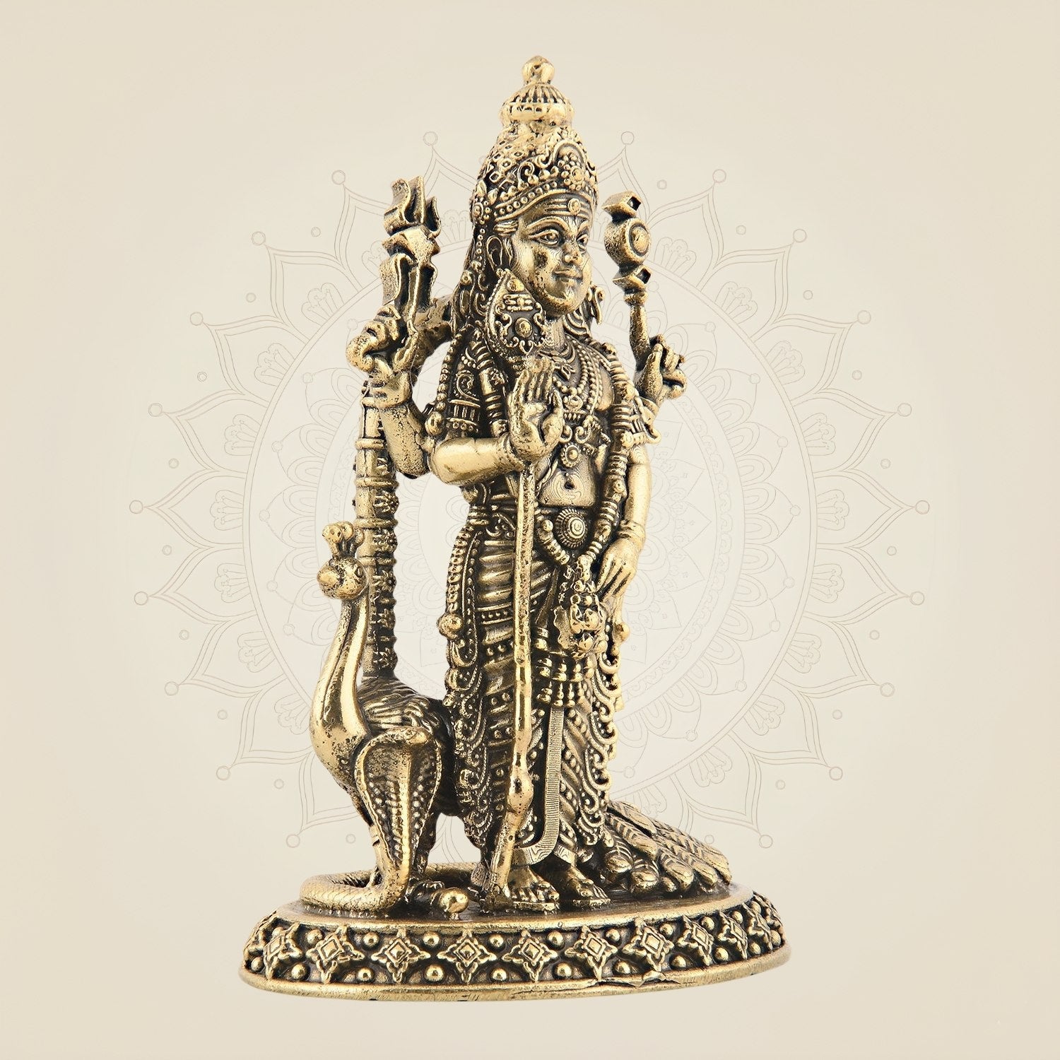Lord Murugan Brass Idol with Peacock – 5" Handcrafted Standing Kartikeya Statue Decor