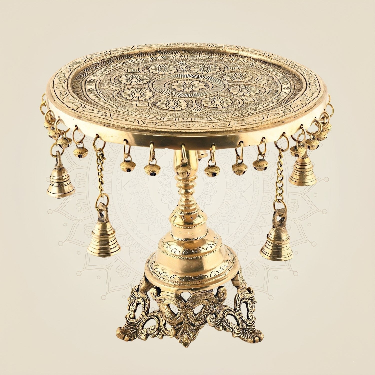 Round Brass Chowki with Hanging Bells & Ghungroos – 11" for Pooja & Decor