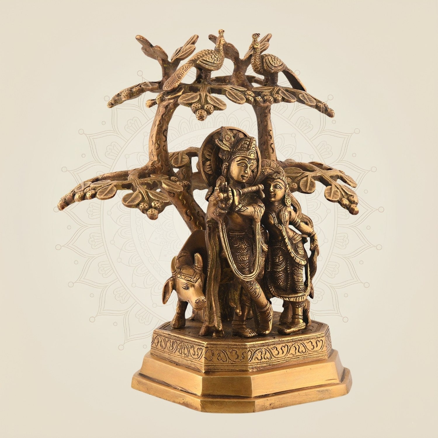 Handcrafted Brass Radha Krishna Idol with Tree 12" – Divine Decor for Home & Pooja