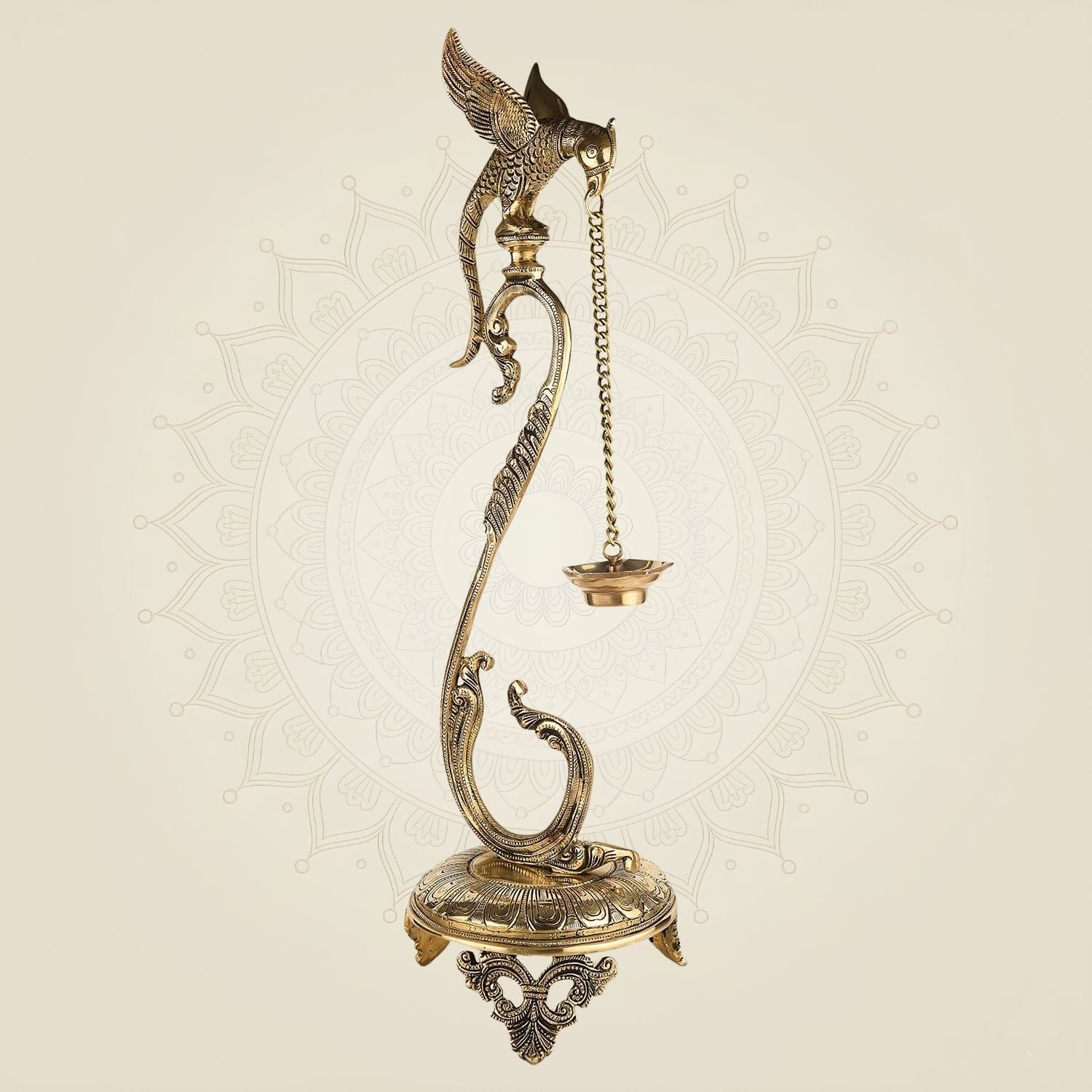 24" Brass Parrot Diya – Gold Finish Long Chain Deepak for Temple & Pooja Decor