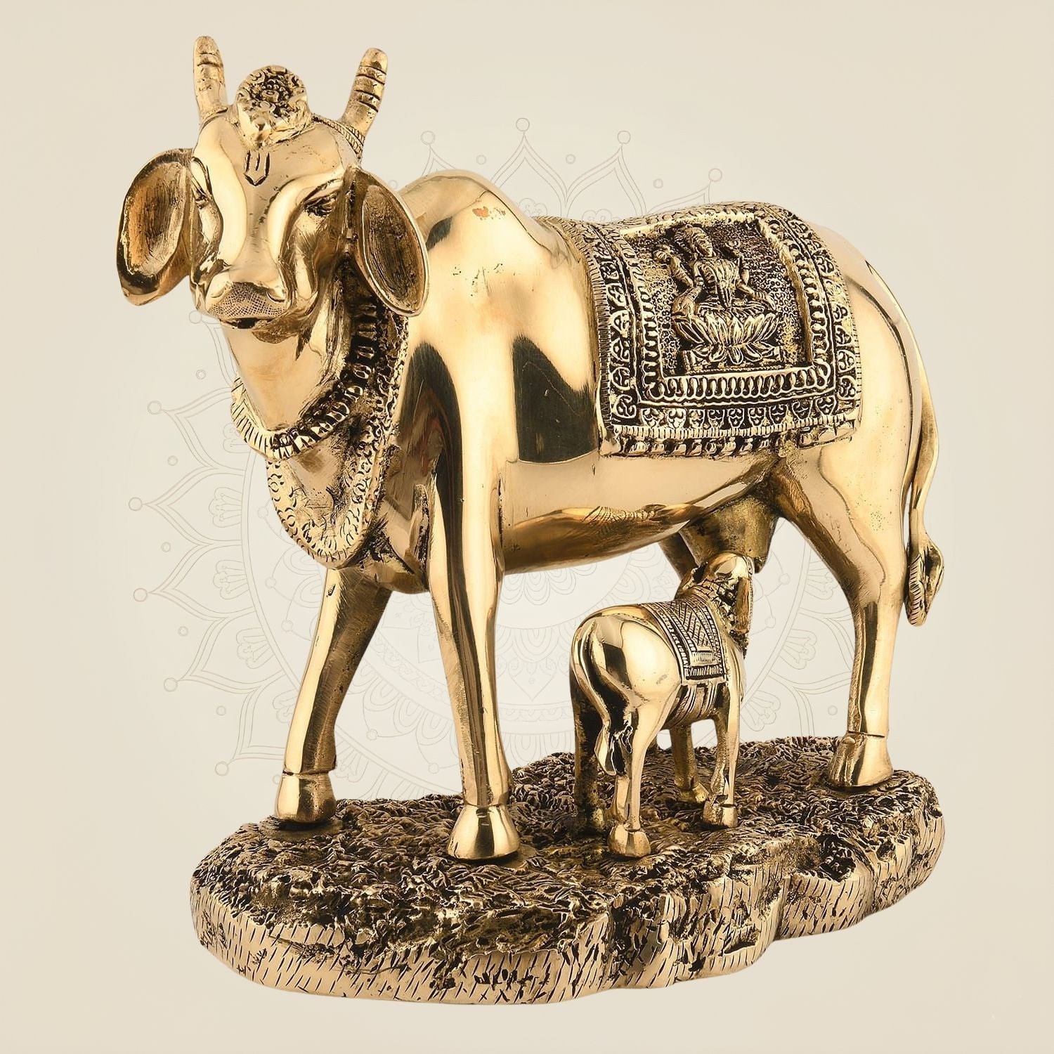 Cow with Calf Brass Idol 10" – Handcrafted Kamdhenu Sculpture