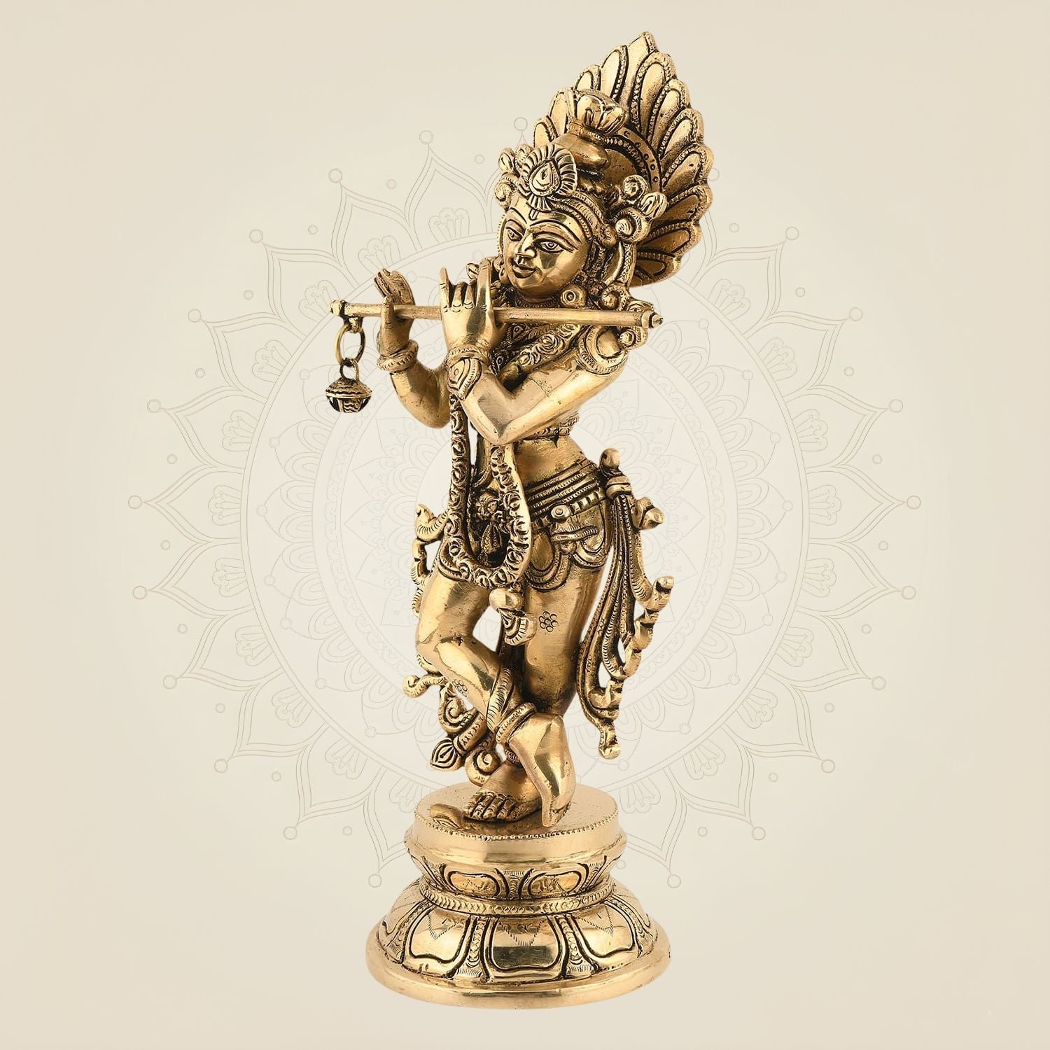Krishna with Flute Idol 12.75" – Handcrafted Superfine Pure Brass Murti for Pooja