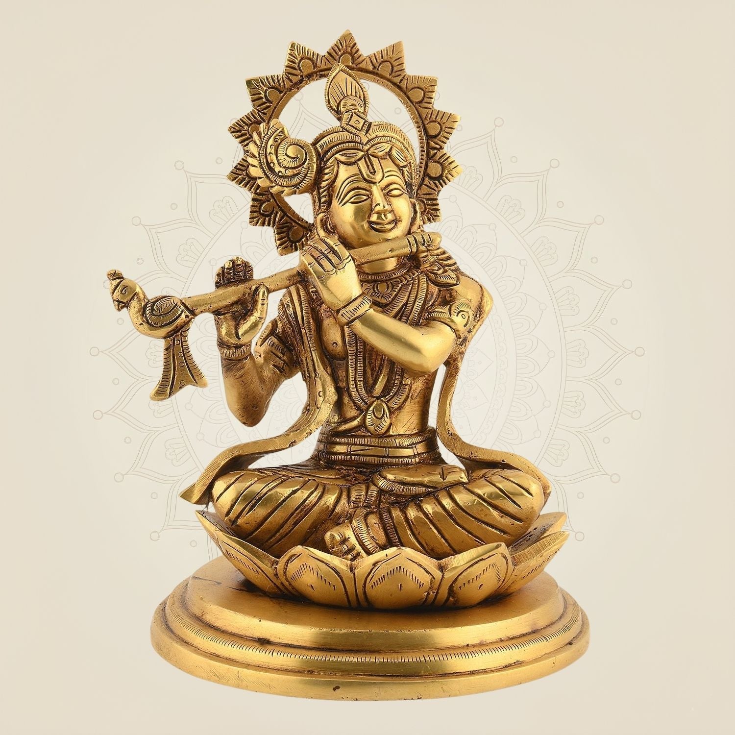 Krishna with Flute Idol 7.5" – Sitting Brass Kanha Sculpture Divine Gift Items & Pooja