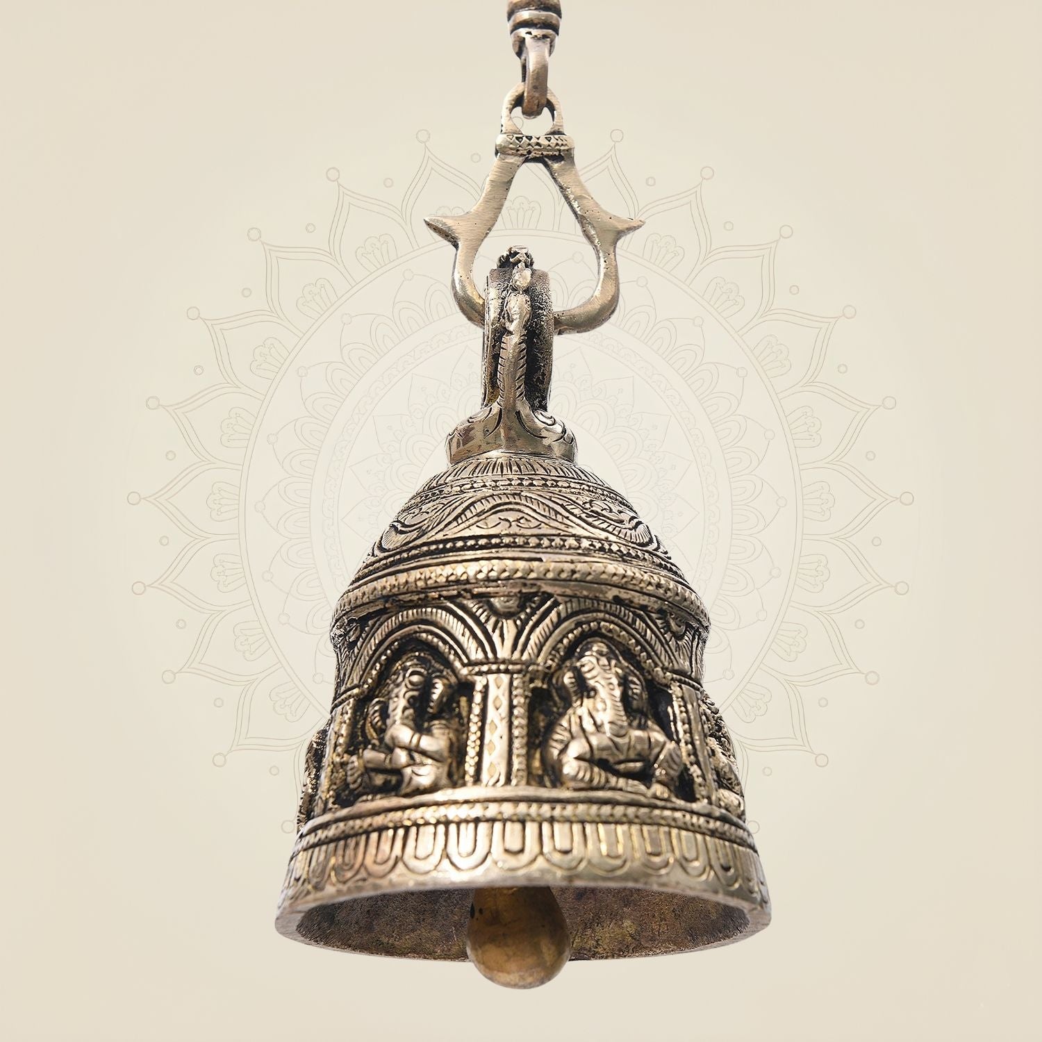 Ganesha Brass Temple Bell with Chain 29" – Hanging Pooja Ghanti for Mandir