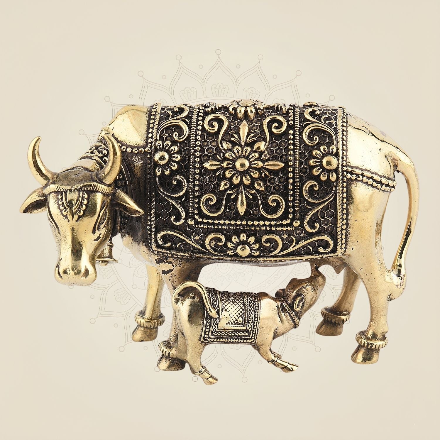 Kamdhenu Cow with Calf 3.5" – Intricately Carved Pure Brass Lightweight Idol