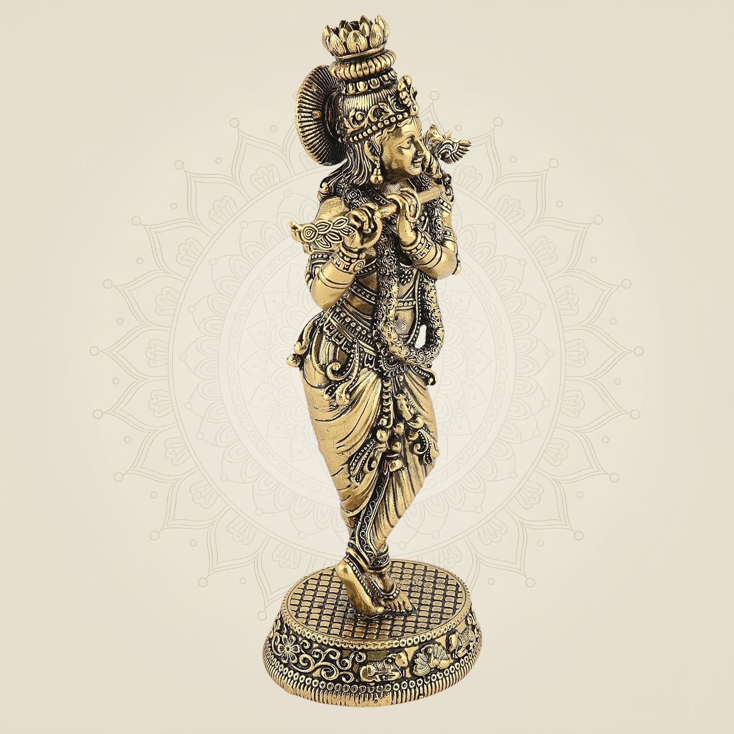 Lord Krishna with Peacock Idol- 6.5" Pure Brass Sculpture For Gift & Home Positivity