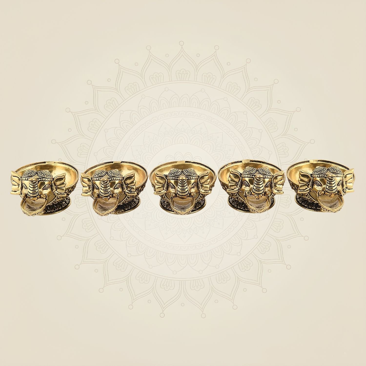 1.8" Brass Elephant Diya Set of 5 – Handcrafted Mini Oil Lamps