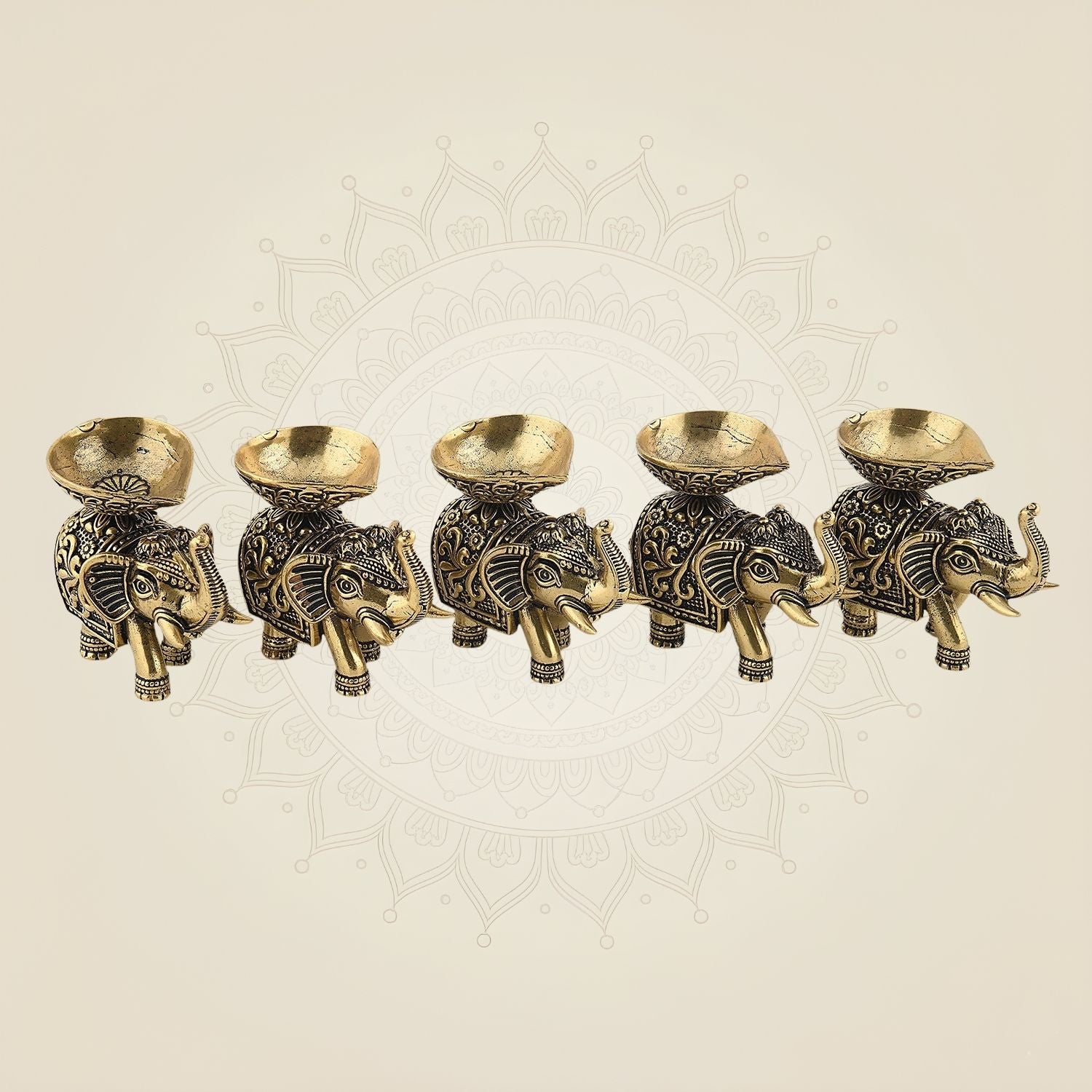 2.25" Brass Elephant Diya Set of 5 – Handcrafted Pooja Oil Lamps for Pooja & Festive Decor