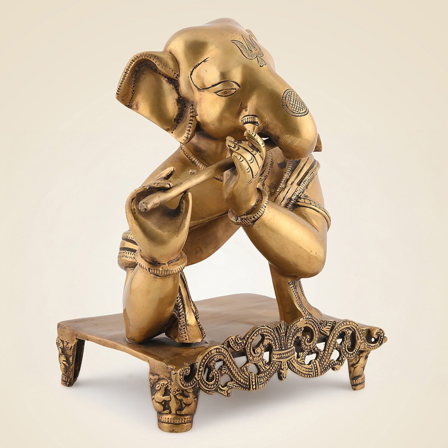 11.75" Ganesha Playing Flute Brass Idol – Hindu Sculpture