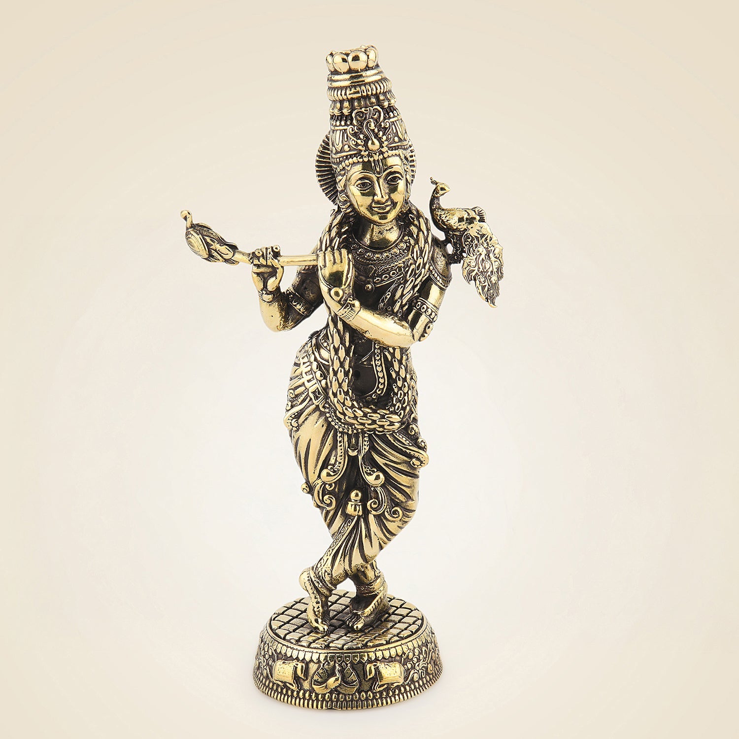 5″ Brass Lord Krishna with Peacock Idol – Divine Sculpture for Gifting & Decor