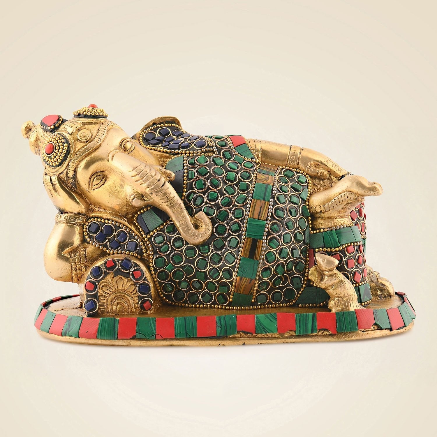 Relaxing Ganesha Brass Idol 4.5″ – Multicolor Stone Work Handcrafted Murti