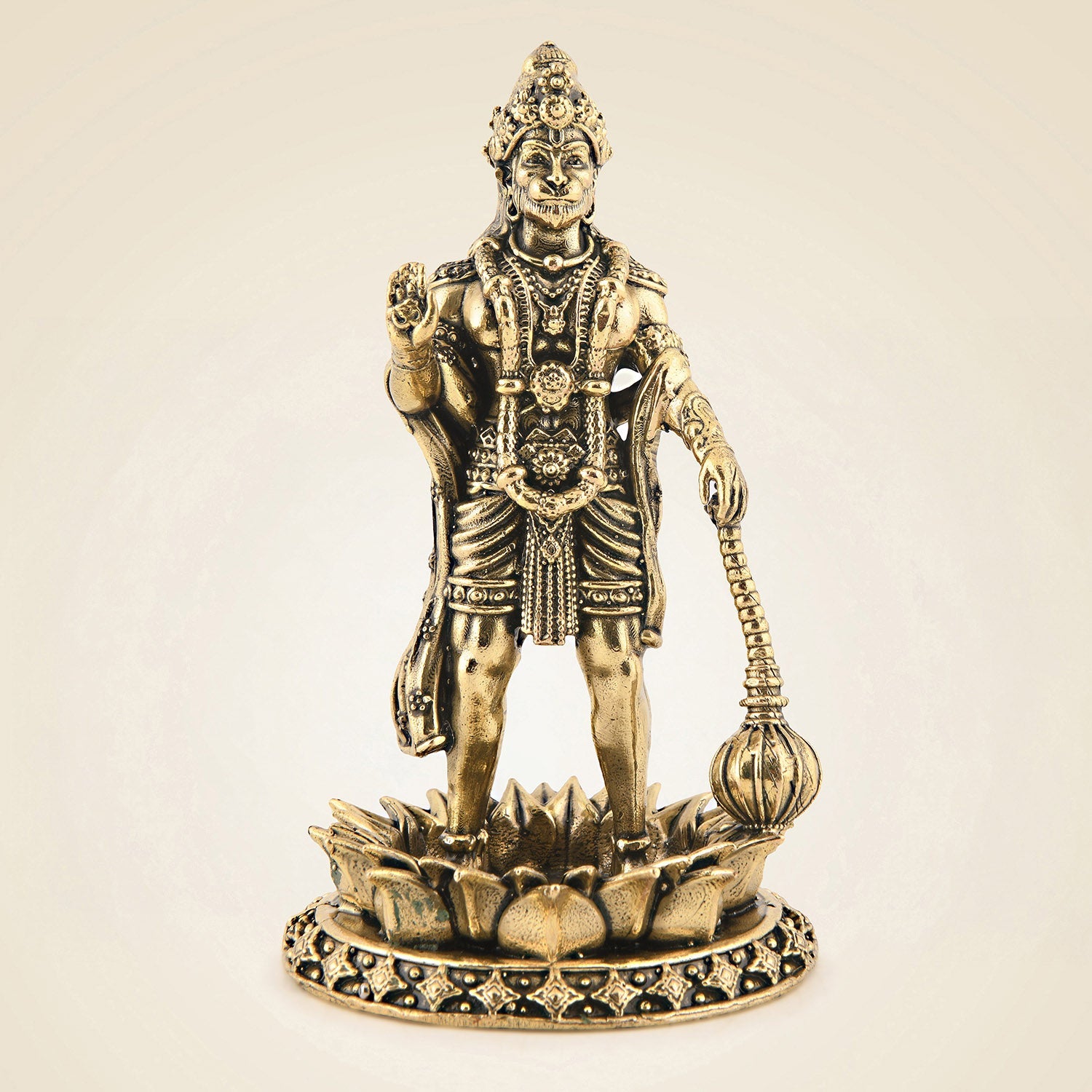 Brass Hanuman Standing on Lotus 4″ – Superfine Carved Idol for Positivity