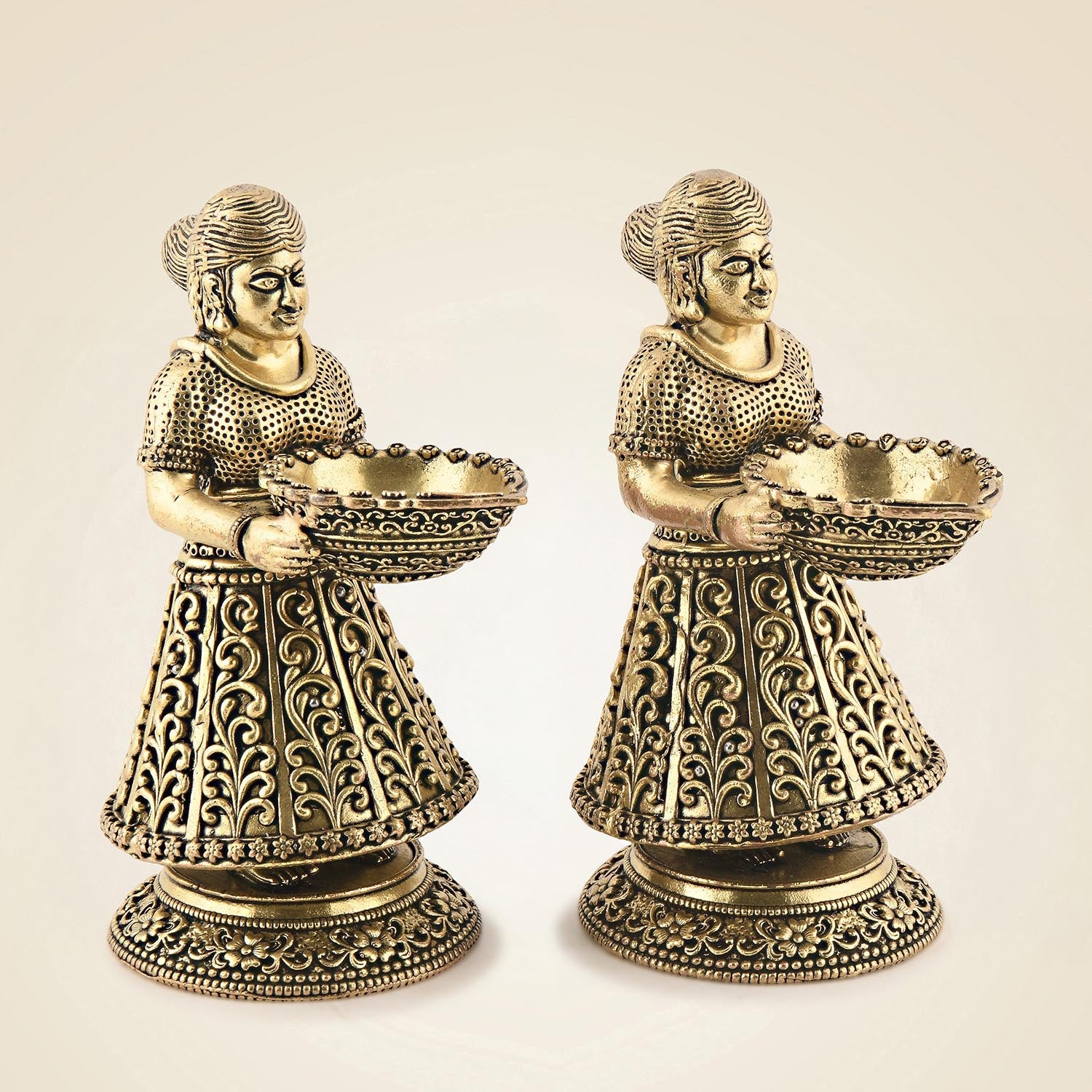Traditional Brass Deep Lakshmi 4.75" Pair – Antique Finish Pooja Lamps for Home