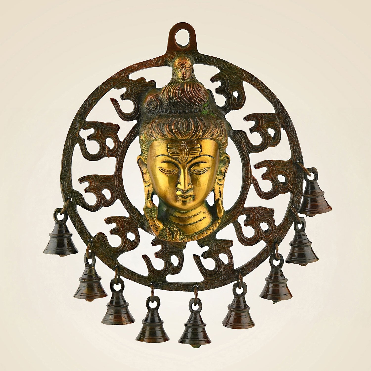 Brass Om Shiva Wall Hanging 10.75″ – With Naag, Ganga & Hanging Bells