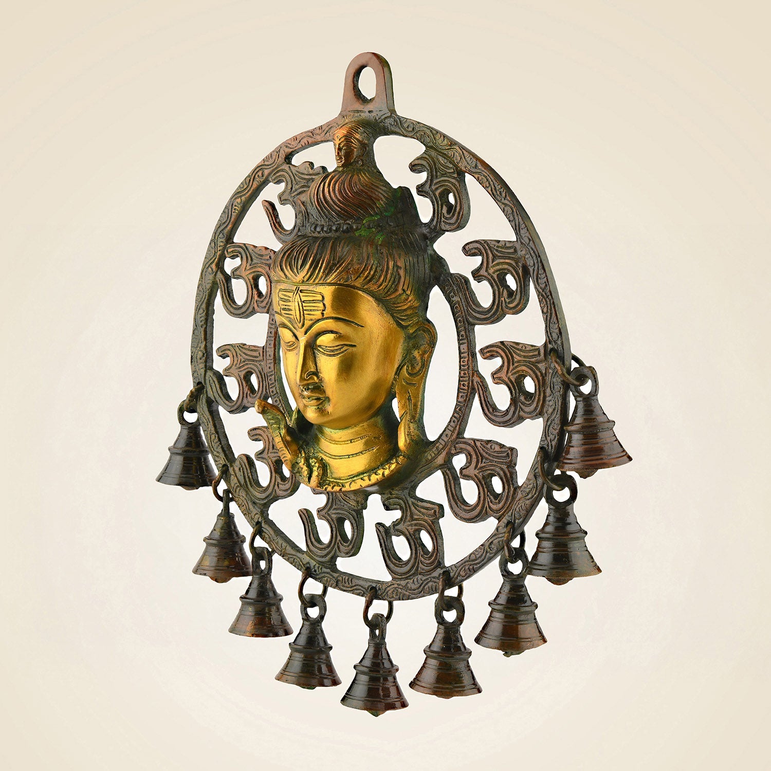 Brass Om Shiva Wall Hanging 10.75″ – With Naag, Ganga & Hanging Bells