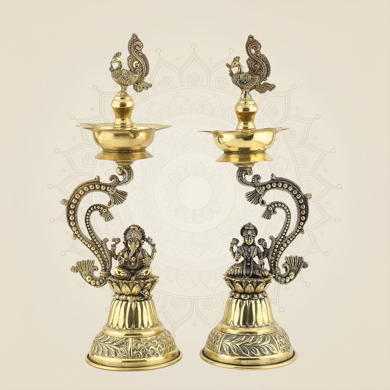 Laxmi Ganesh Brass Diya Stand – 13" Traditional Pooja Lamp for Spiritual Decor