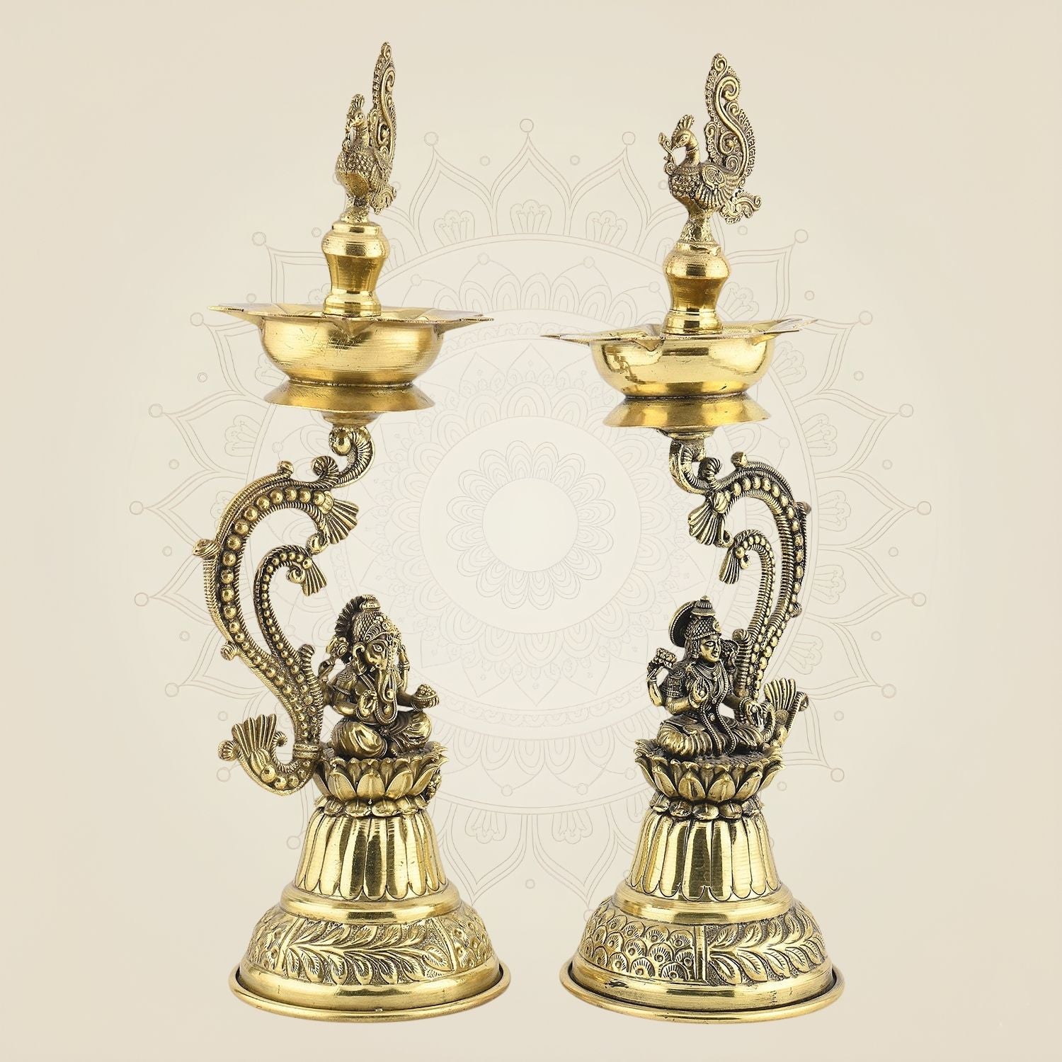 Laxmi Ganesh Brass Diya Stand – 13" Traditional Pooja Lamp for Spiritual Decor